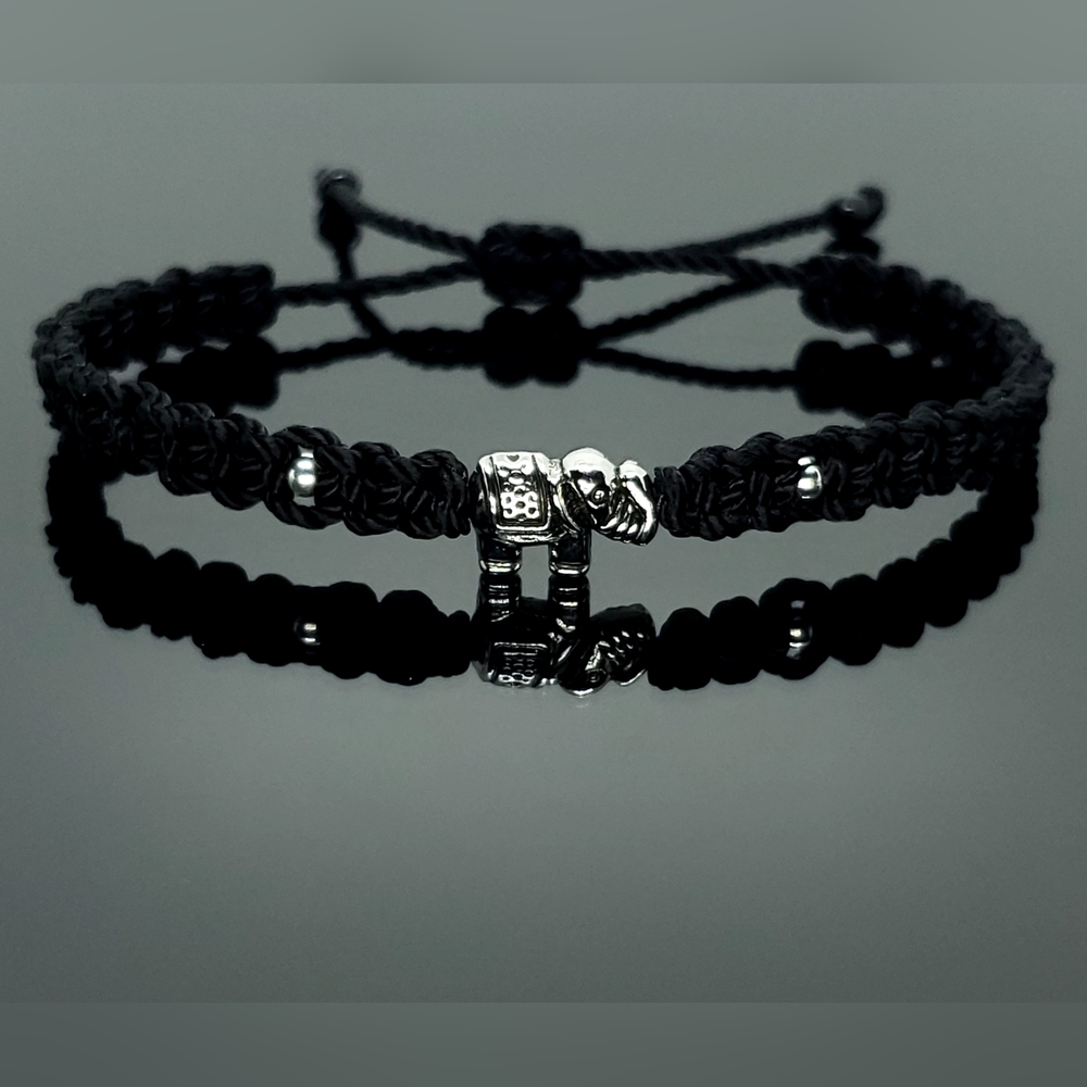 Hand-made black string bracelet with an elephant charm, animal charm bracelet
